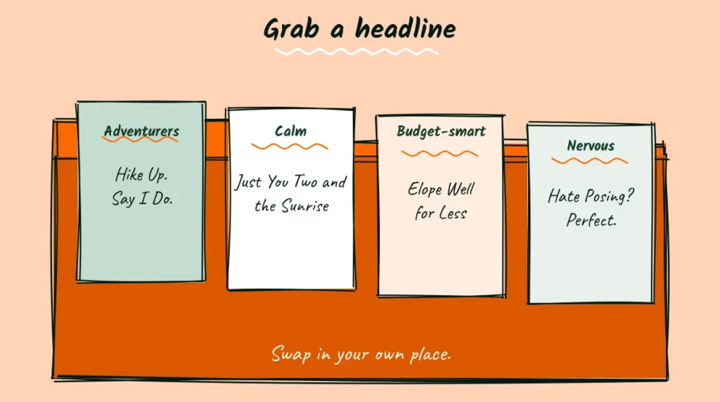 A swipe file of elopement ad headlines Doodle of an orange folder holding four headline cards for adventurers, calm couples, budget-smart couples and nervous couples, like Hike up. Say I do and Hate posing? Perfect.