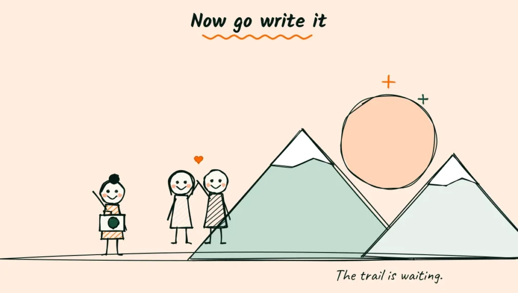 Launch your first elopement ad Doodle of a photographer with a camera and a happy couple heading toward mountains and a big sunrise