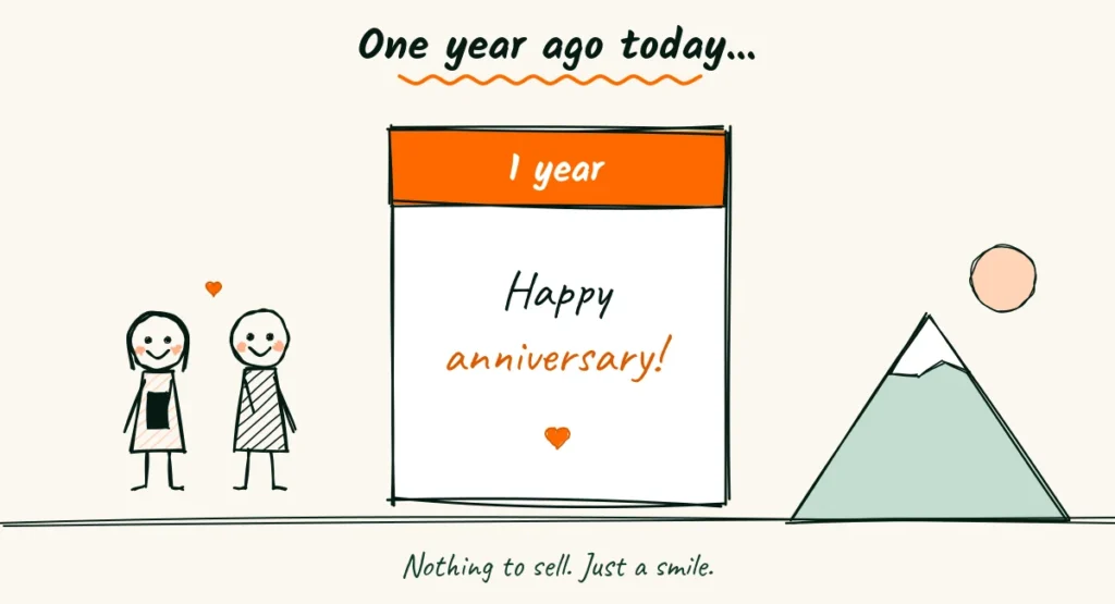 The anniversary email for elopement clients Doodle of a calendar card that says 1 year, happy anniversary, with a heart, a couple smiling at a phone and a mountain in the background
