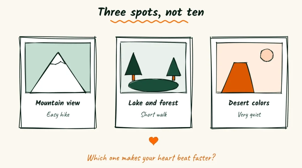 Sending location options to elopement clients Doodle of three location cards, a mountain view, a lake and forest and desert colors, with a big heart under the lake card