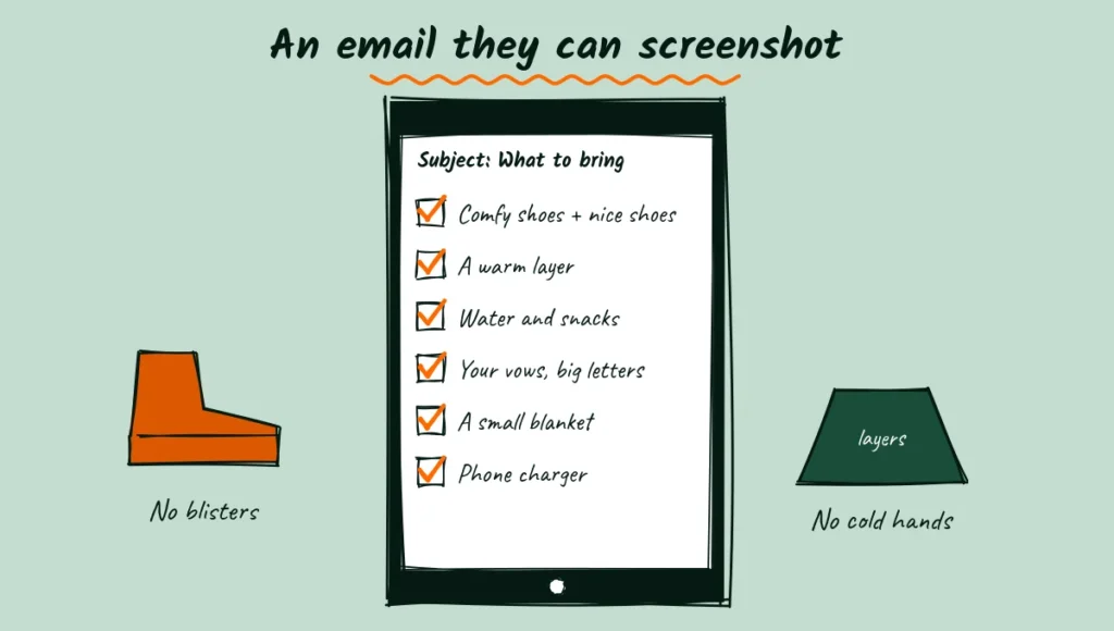 What to wear and pack email for elopement clients Doodle of a phone showing a what to bring email checklist with comfy shoes, a warm layer, water and snacks, vows, a blanket and a charger, between a hiking boot and a sweater