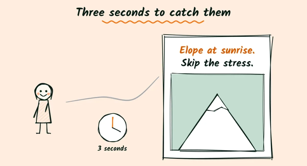 A headline that talks to the couple Doodle of a flyer with the headline elope at sunrise, skip the stress, being read by a passerby, with a clock showing three seconds