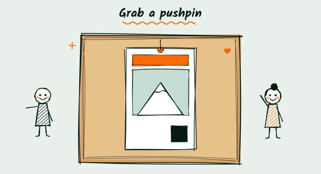 Put your first elopement flyer up Doodle of a clean elopement flyer being pinned to a corkboard with an orange pushpin, with two happy people on either side