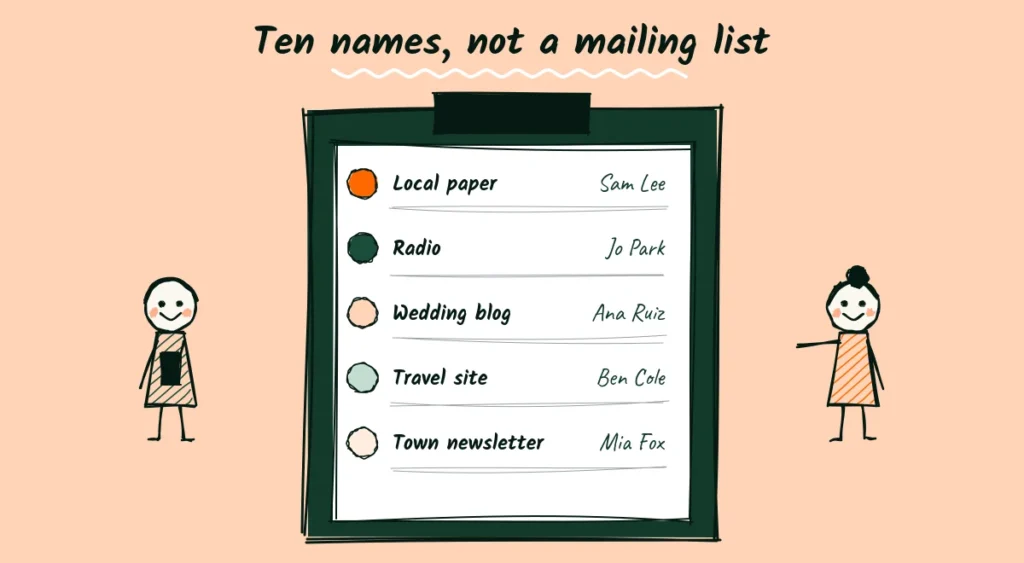 Build a short media list Doodle of a clipboard media list with a local paper, radio, wedding blog, travel site and town newsletter, each with a reporter name