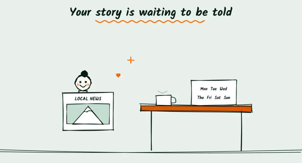 Send your first press release Doodle of a happy photographer holding a local newspaper with an elopement photo, next to a desk with coffee and a week planner
