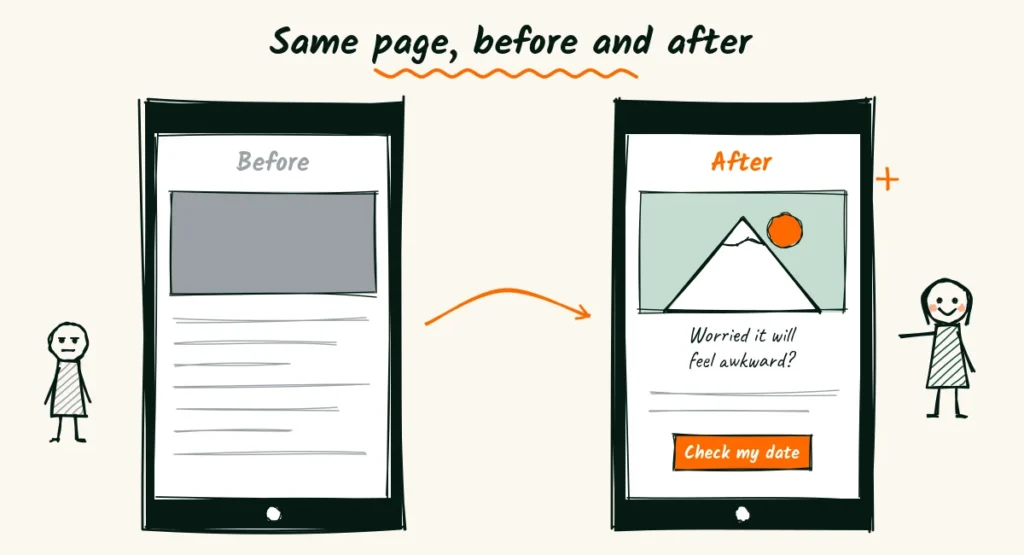 Jules's service page before and after Doodle of two phone screens showing an elopement photographer services page, a dull grey before version and a bright after version with a sunrise photo and a happy couple