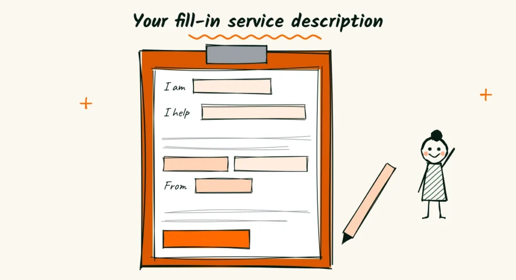 Doodle of a clipboard with a fill-in service description template full of orange blanks, a pencil and a smiling photographer giving a thumbs up