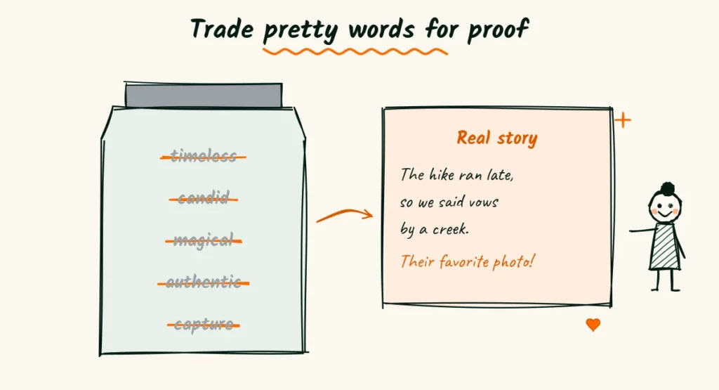Trade pretty words for proof Doodle of a glass jar full of crossed-out words like timeless, candid and magical, next to a bright note card with a real story about vows by a creek