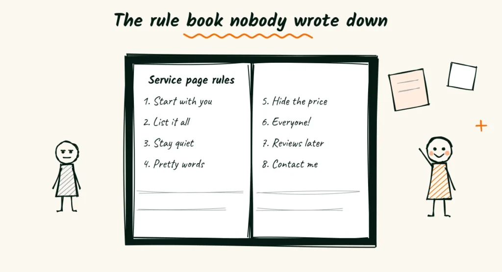 Doodle of an old rule book titled Service Page Rules, with a smiling photographer tearing out a page and loose pages flying away