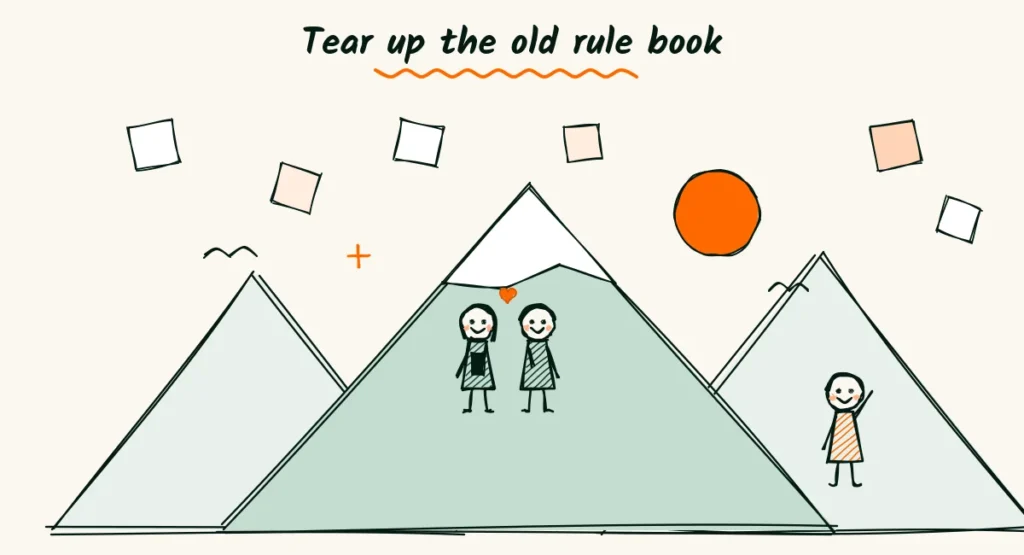 Tearing up the old rule book Doodle of torn rule book pages flying like confetti over a mountain, with a happy couple reading a phone and a photographer waving