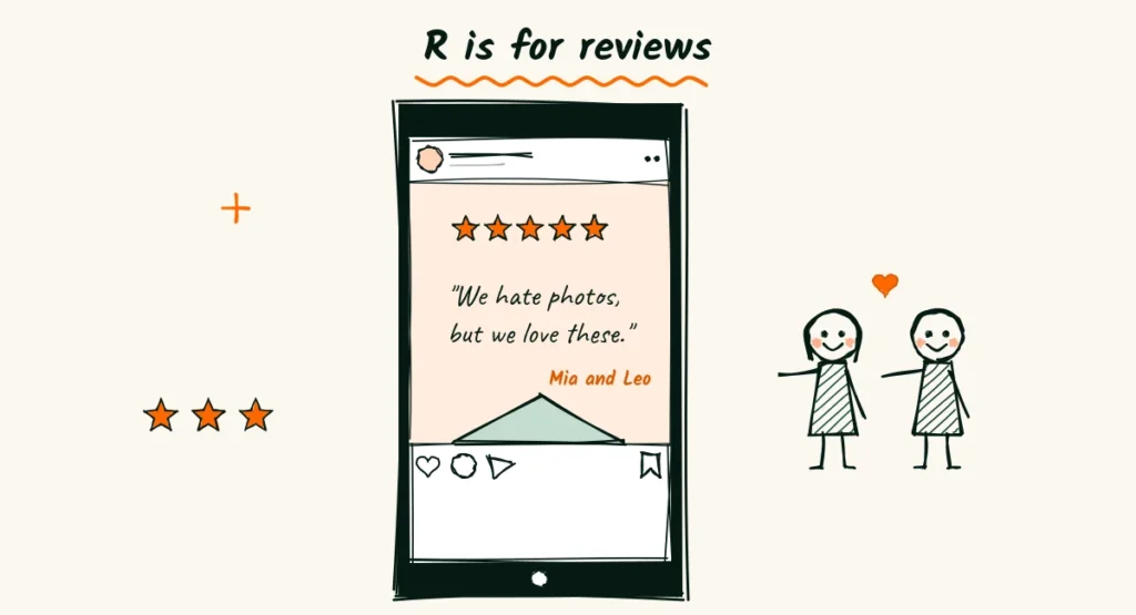 Doodle of an Instagram post showing a review with five stars and quote marks over a small mountain photo, with a happy couple pointing at it