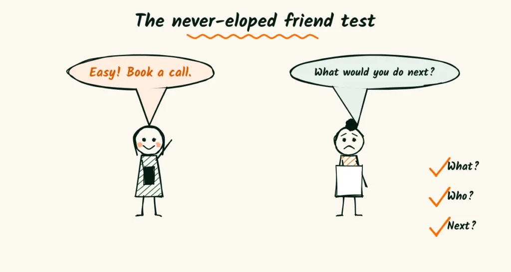 Test your video on someone who's never eloped A friend watching the video on a phone and giving a thumbs up while the photographer with a notebook asks what would you do next, with what, who and next ticked