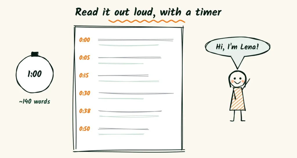 A sample elopement photographer introduction video script page with timestamps from 0:00 to 0:50, a small timer showing 1:00, and a person reading out loud saying hi, I'm Lena