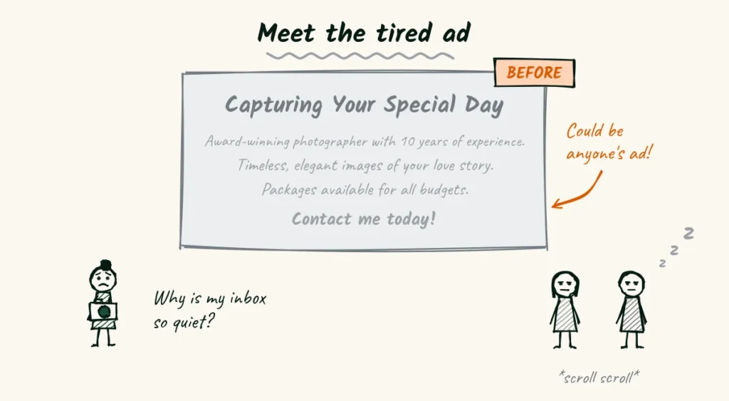The tired ad, Capturing Your Special Day Doodle of a grey, boring wedding photographer ad that says Capturing Your Special Day while a bored couple yawns z z z