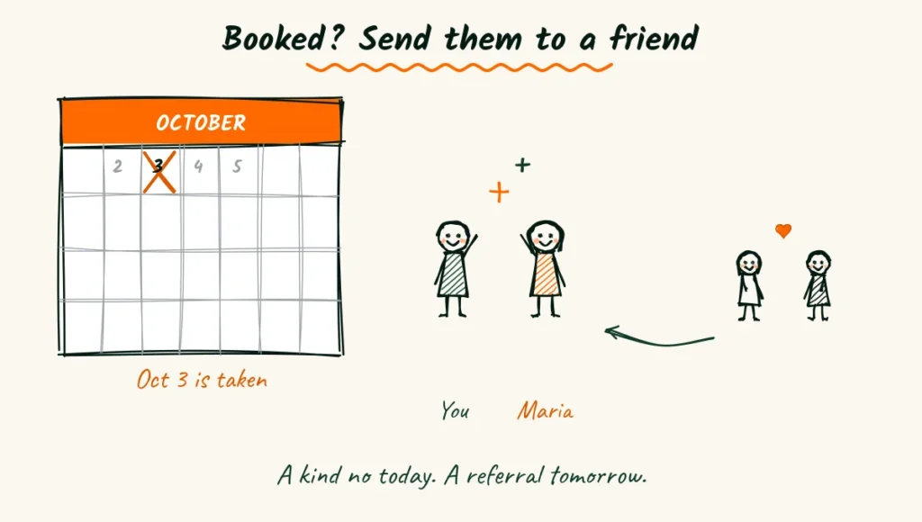 A kind reply when your date is already booked Doodle of an October calendar with the 3rd crossed out as booked, two photographers high-fiving and a happy couple heading to the second photographer after a kind referral