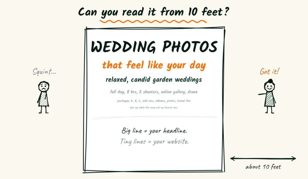 The 10-foot eye chart test for flyer headlines Doodle eye chart where the big top line reads wedding photos that feel like your day and the lower lines of package details get too small to read from 10 feet away