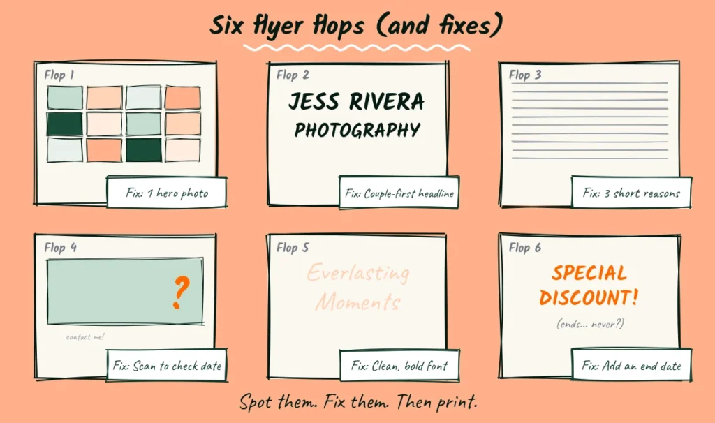 Six flyer flops and their fixes Doodle gallery of six wedding flyer flops, a photo collage, a giant business name, a wall of text, a mystery next step, a hard-to-read script font and an offer with no end date, each with a fix sticker