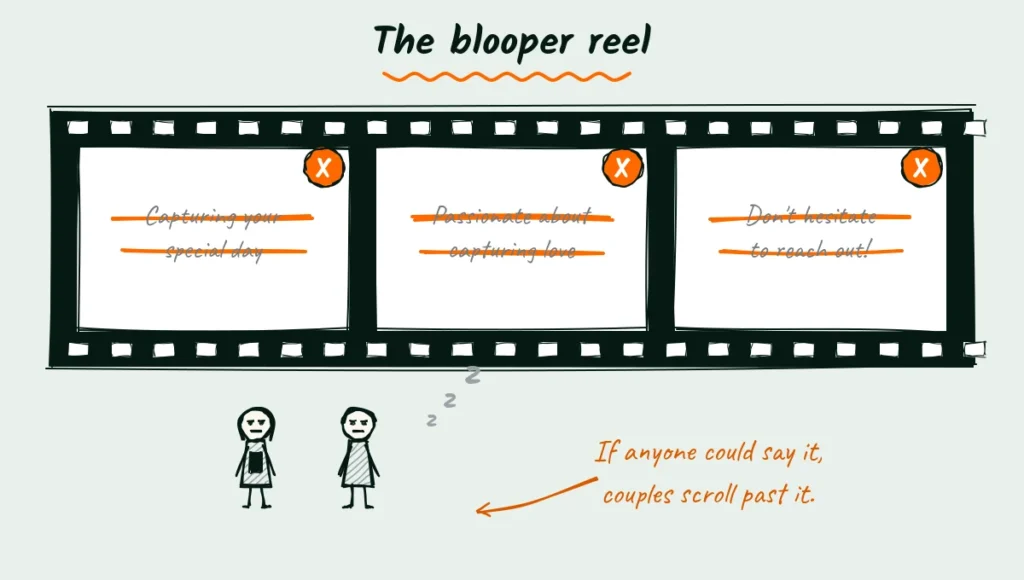 Lines that make couples scroll away Doodle of a film strip with three crossed-out frames reading capturing your special day, passionate about capturing love, and don't hesitate to reach out, with a bored couple scrolling past