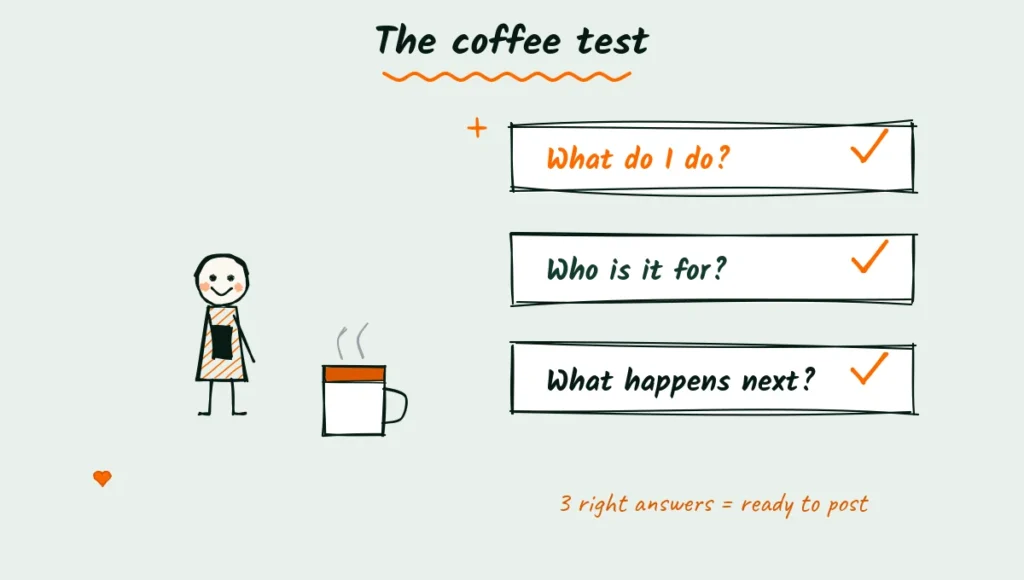 The coffee test for your intro video Doodle of a friend holding a coffee cup and watching a phone video, with three questions floating above: what do I do, who is it for, what happens next, each with an orange check mark
