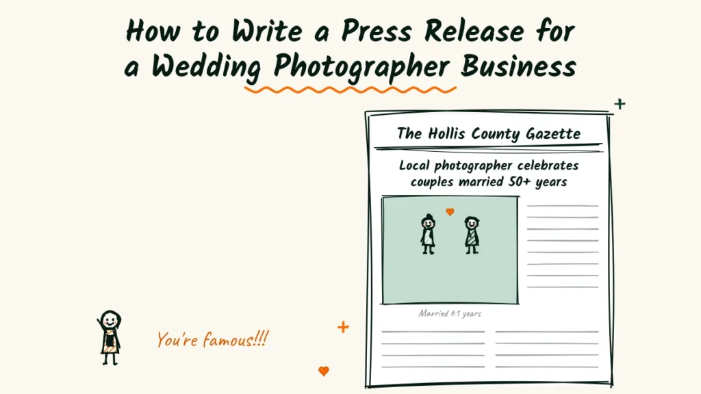 How to Write a Press Release for a Wedding Photographer Business Doodle of a local newspaper front page that ran a wedding photographer press release, with a couple married 61 years and a delighted photographer holding a phone