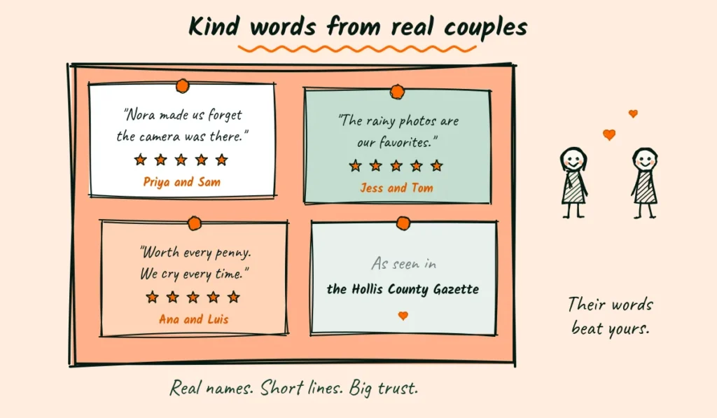 Kind words from real couples Doodle of short client reviews from real couples pinned to a corkboard like love notes with five stars, next to a happy couple reading them