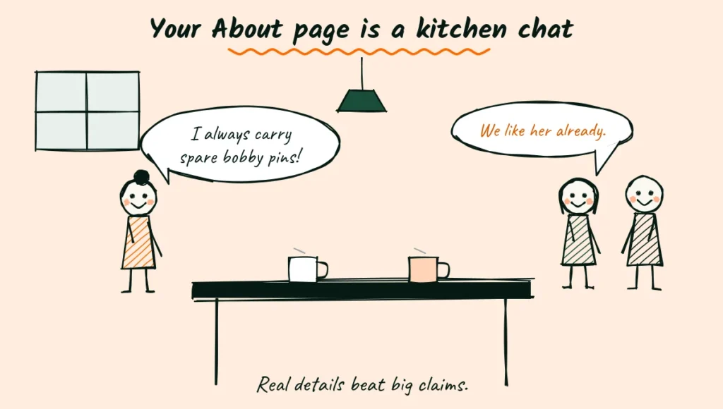 Write your About page like a kitchen chat Doodle of a photographer and a couple at a kitchen table with coffee mugs, the photographer saying I always carry spare bobby pins and the couple saying we like her already