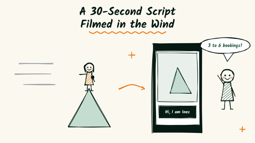 A 30-Second Script Filmed in the Wind Short elopement video script doodle of a phone filming a photographer outdoors with wind lines, a small mic and a caption bar