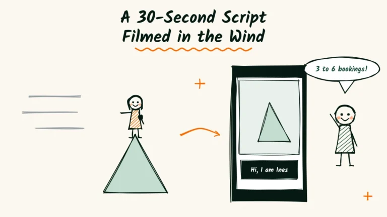 A 30-Second Script Filmed in the Wind Short elopement video script doodle of a phone filming a photographer outdoors with wind lines, a small mic and a caption bar