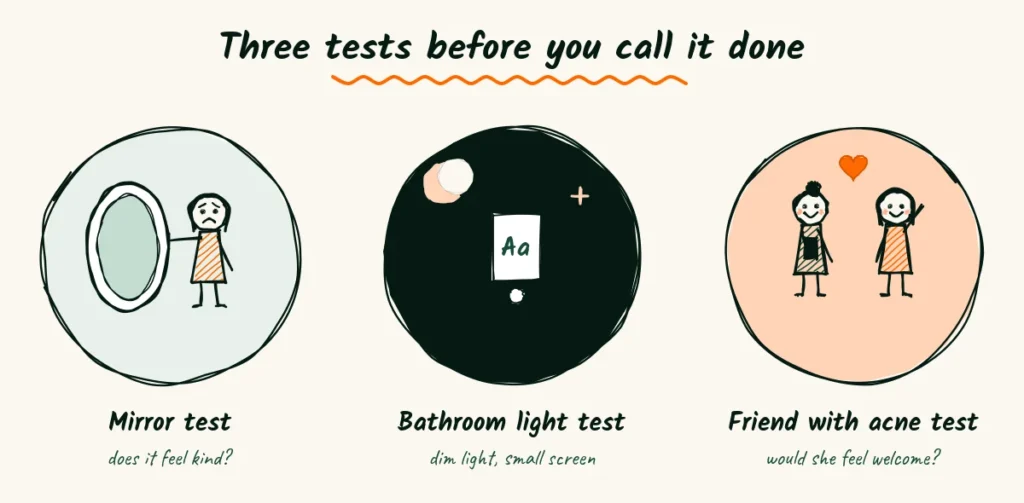 Three tests for your esthetician site Doodle of three tests for an esthetician website, a client looking in a mirror, a phone glowing at night under the moon, and two friends reading a site together with a heart