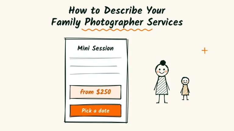 Family photographer services doodle with a simple service card showing a mini session, a price and a pick a date button beside a smiling parent and child