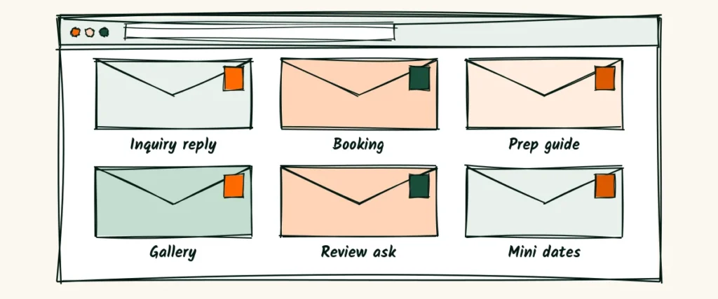 A hand-drawn inbox with six small envelopes in a row, each with a different stamp