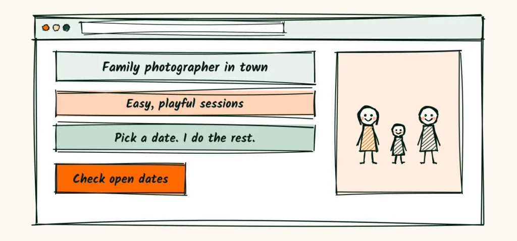 The first screen, drawn simply A hand-drawn website homepage sketch with three lines of text and one orange button