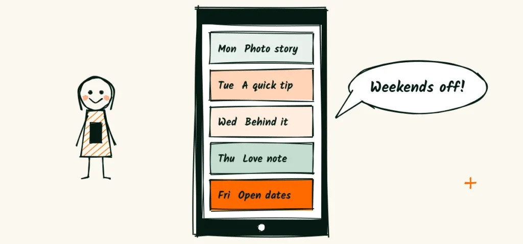 A hand-drawn phone showing five tiny post squares for Monday to Friday