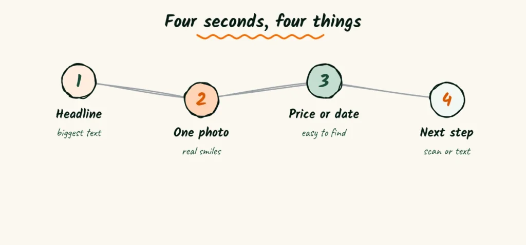 What a parent sees in four seconds Four doodle steps showing what a parent sees in four seconds, a headline, a photo, a price or date and a next step