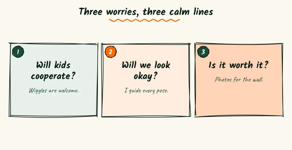 Three worries and three calm lines Three doodle cards showing three parent worries and a calm reply under each one