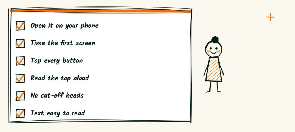 A ten-minute phone check A doodle checklist of six phone checks with a smiling person beside it