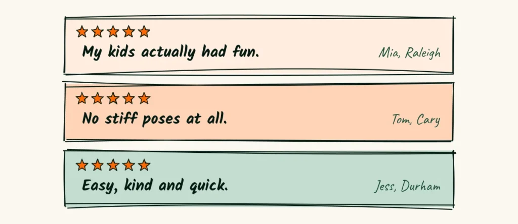A doodle of three short parent reviews with five stars each, placed in stacked cards