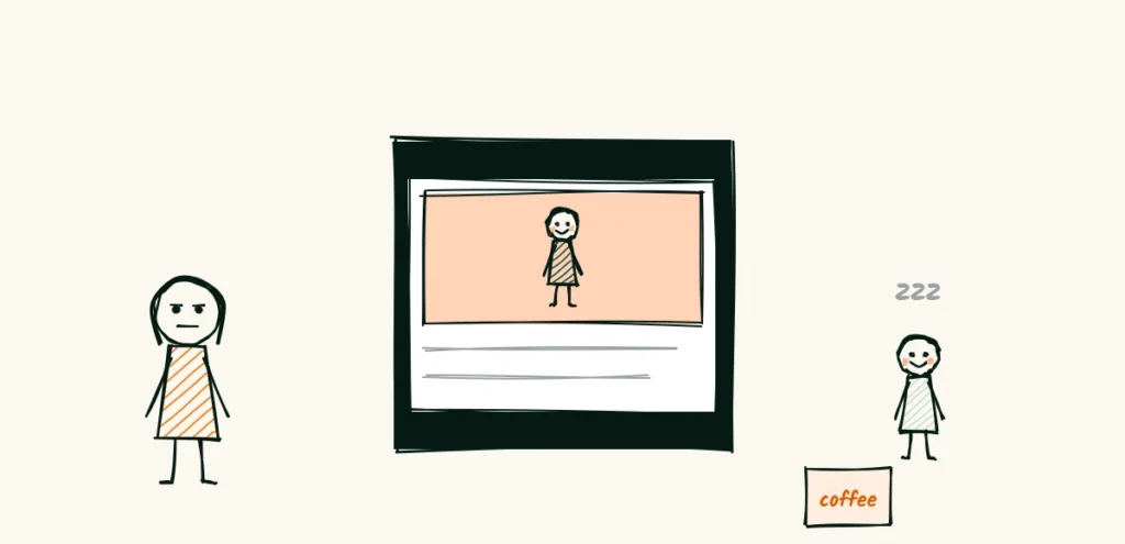 A parent scrolling at night A doodle of a tired parent scrolling a phone with a coffee cup and a sleeping toddler nearby