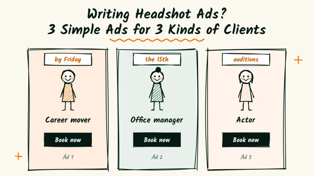 Headshot photographer ad copy doodle with three ad cards for a career mover due by Friday, an office manager due the 15th and an actor before auditions, each with a book now button