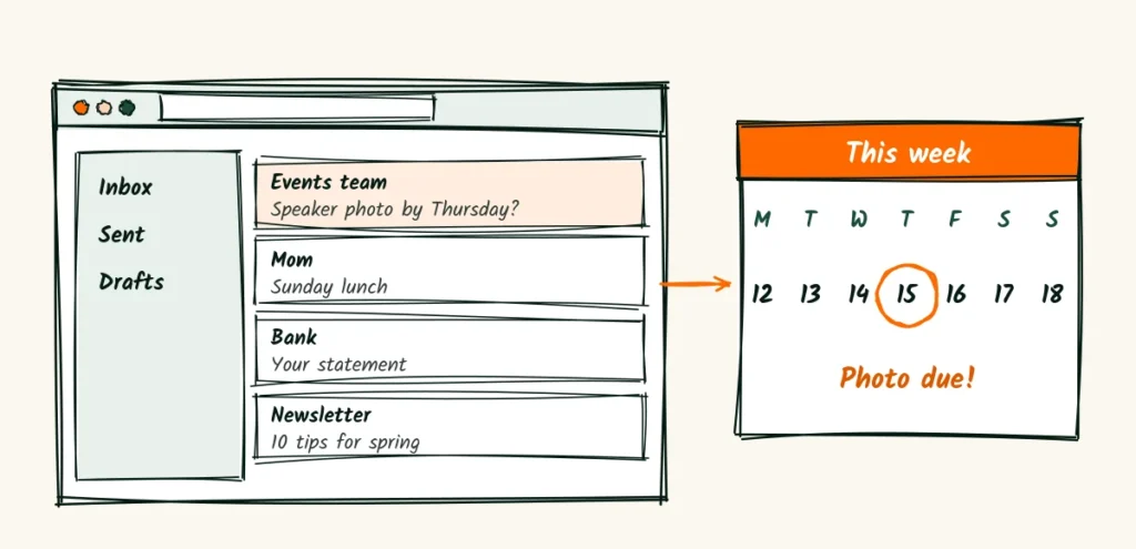 The email that starts the clock A doodle inbox with an email from the events team asking for a speaker photo by Thursday, beside a small calendar with Thursday circled in orange and the words photo due