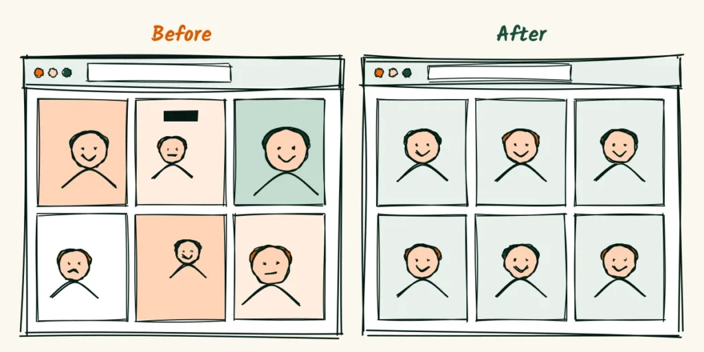 Before and after the team page A doodle before and after of a company team page, with mismatched photos of different sizes, colors and one pair of sunglasses on the left and a neat grid of matching headshots on the right