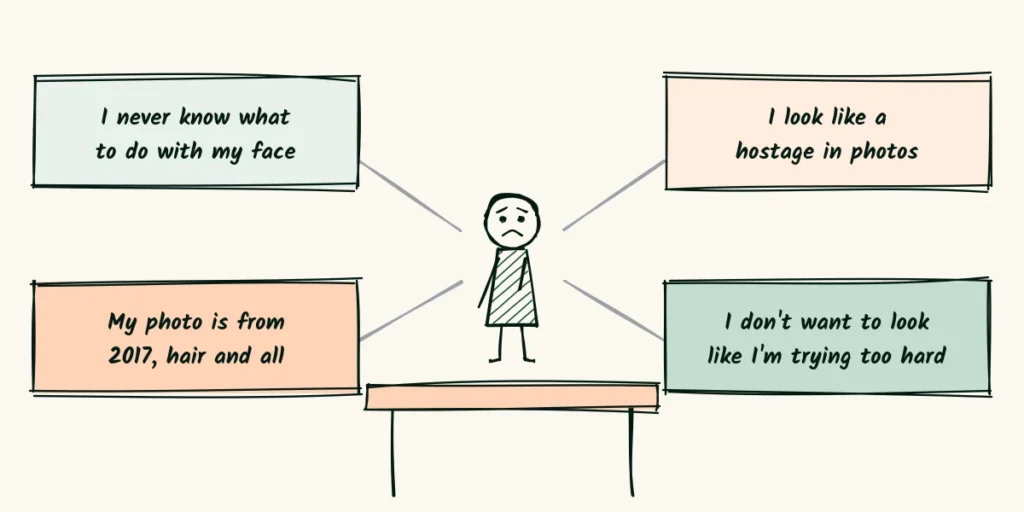 The worries under the click Four doodle thought bubbles around a nervous person at a desk, saying I never know what to do with my face, I look like a hostage in photos, my photo is from 2017 and I don't want to look like I'm trying too hard