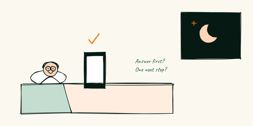 A doodle person in glasses lying in bed reading a blog post on a phone at night, with a moon in the window and a check mark above the screen