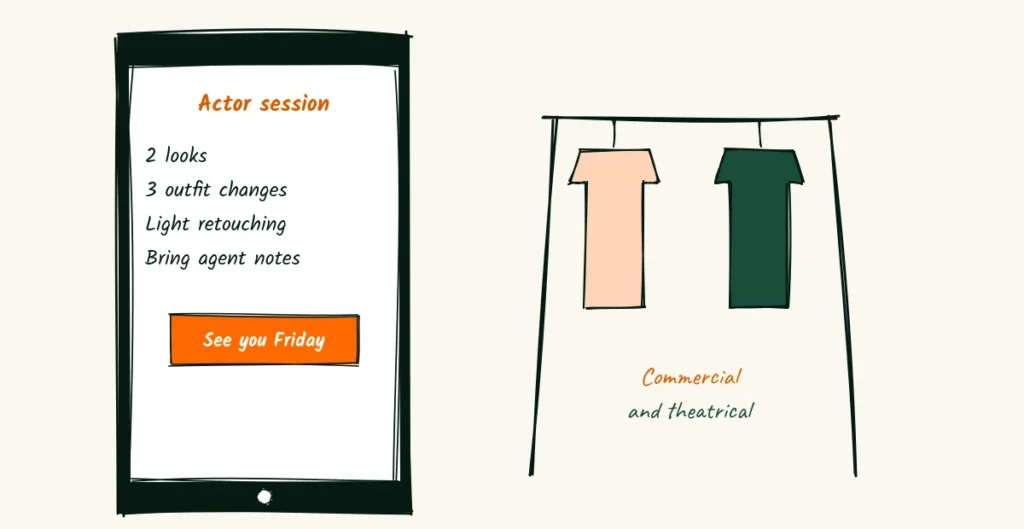 The actor prep email A doodle headshot photographer client email for an actor on a phone, listing 2 looks, 3 outfit changes, light retouching and bring agent notes, next to a clothes rack with two tops