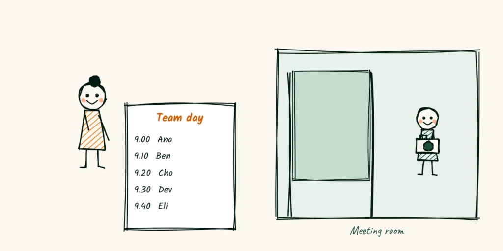 The team itinerary A doodle office manager holding a team day itinerary with time slots and names, next to a mini studio with a backdrop and a photographer set up in a meeting room