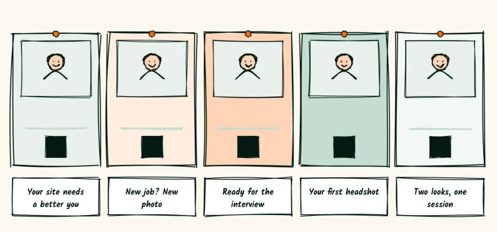 One flyer, five headlines A doodle row of five pinned flyers with the same face and layout but different headlines, your site needs a better you, new job new photo, ready for the interview, your first headshot and two looks one session