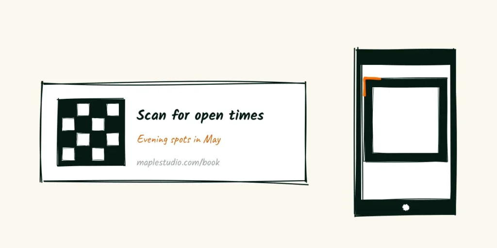 One clear next step A doodle flyer strip with a large QR code, the words scan for open times, evening spots in May and a short web address, next to a phone camera framing the code