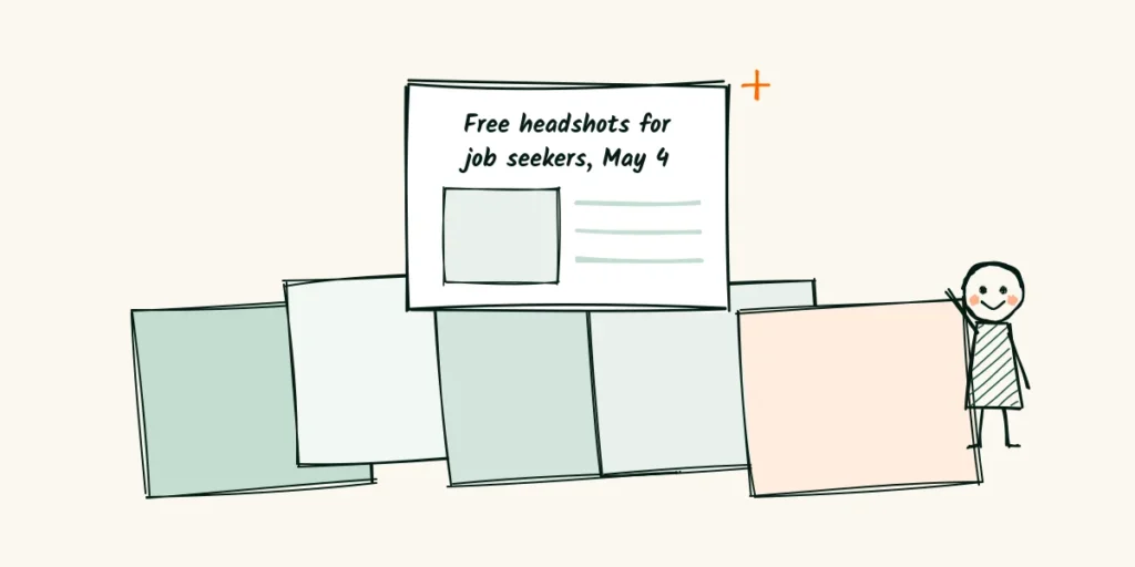 One sharp release in a blurry pile A doodle pile of messy, blurry press release papers with one sharp release on top about free headshots for job seekers on May 4, and a relieved editor beside it