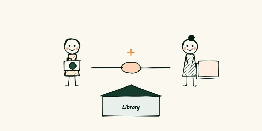 Better with a partner A doodle handshake between a photographer holding a camera and a librarian holding job application papers, with a small library building between them