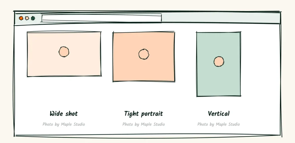 The photo pack A doodle browser window with three photo files, a wide shot, a tight portrait and a vertical photo, each with a caption and a photo by Maple Studio credit line
